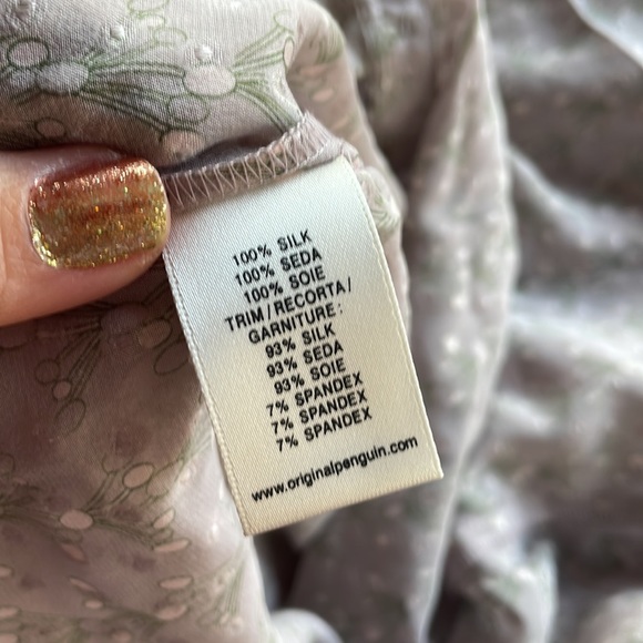 ORIGINAL PENGUIN 100% silk sheer pink gray & green ruffled blouse sz6/8 button - Picture 8 of 8